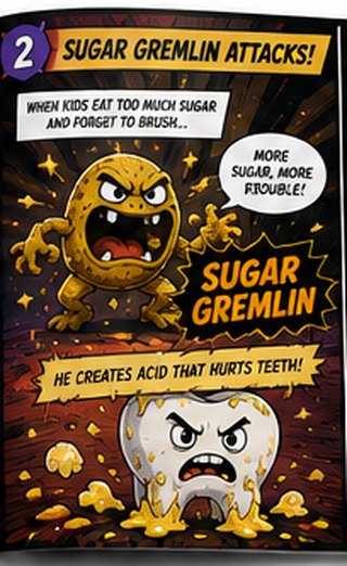 Comic panel: the Sugar Gremlin attacks