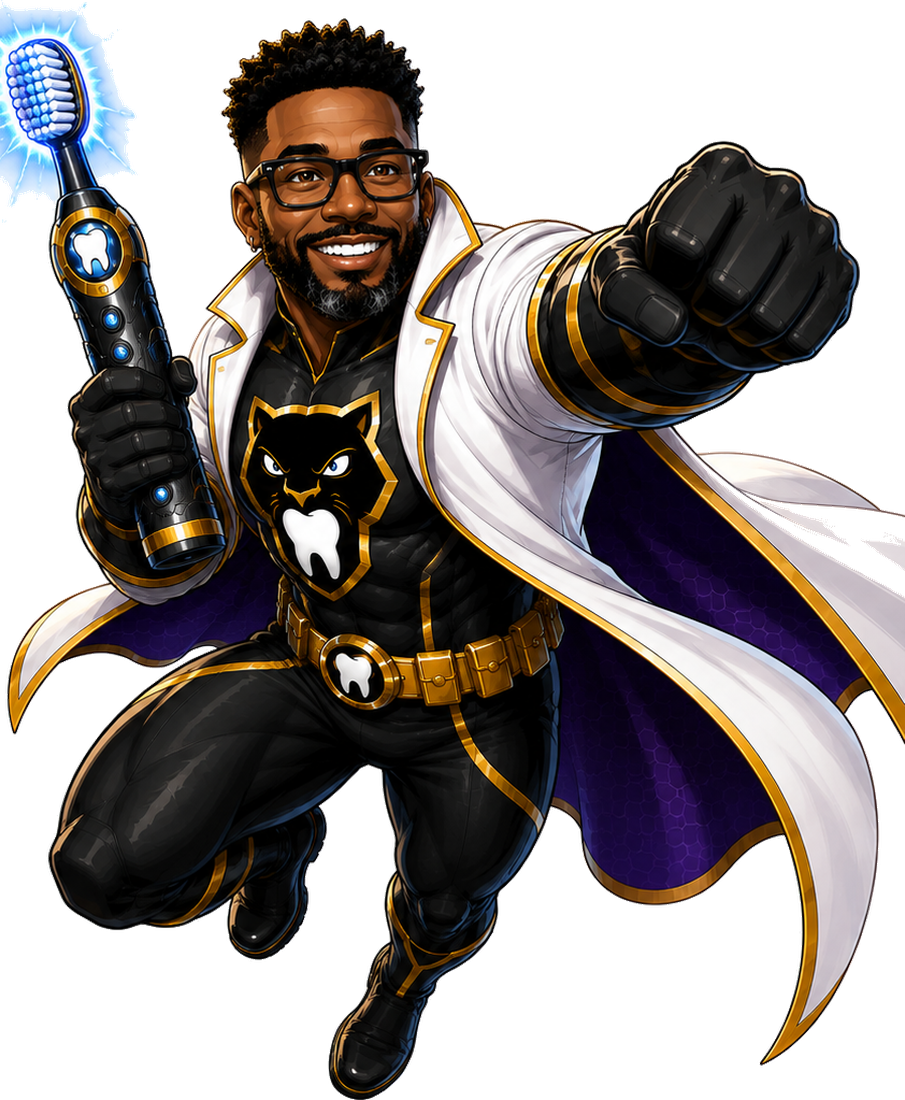 Dr. Ray Tucker as The Plaque Panther, leaping forward in his black and gold panther suit and white coat, holding the Sonic Toothbrush Blaster