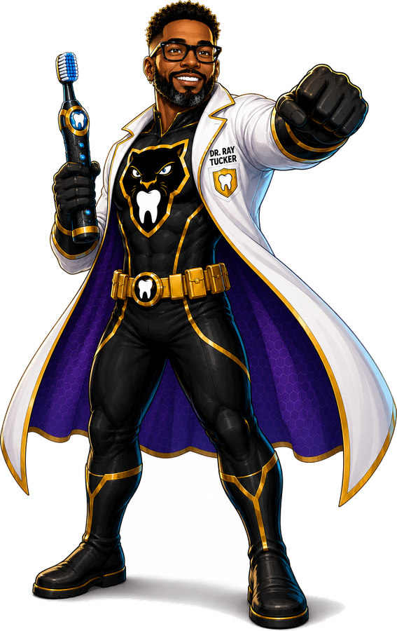Illustration of Dr. Ray Tucker as The Plaque Panther standing with his sonic toothbrush