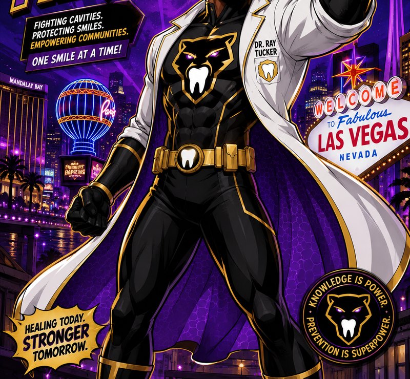 The Plaque Panther poster: Dr. Ray Tucker in his panther suit and white coat on the Las Vegas Strip at night