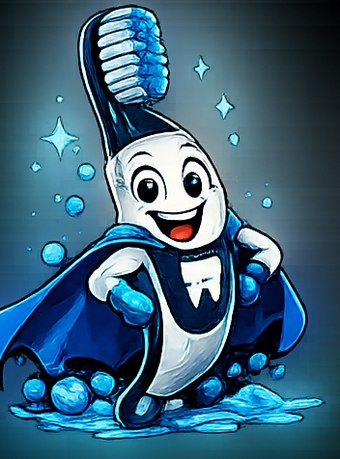 Brush Buddy, a toothbrush superhero with a blue mask and cape