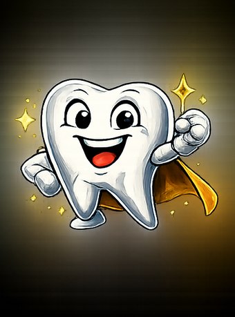 Toothy, a smiling tooth superhero with a blue cape