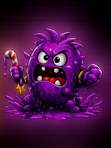 Plaque Punk, a purple fuzzy villain holding a candy cane